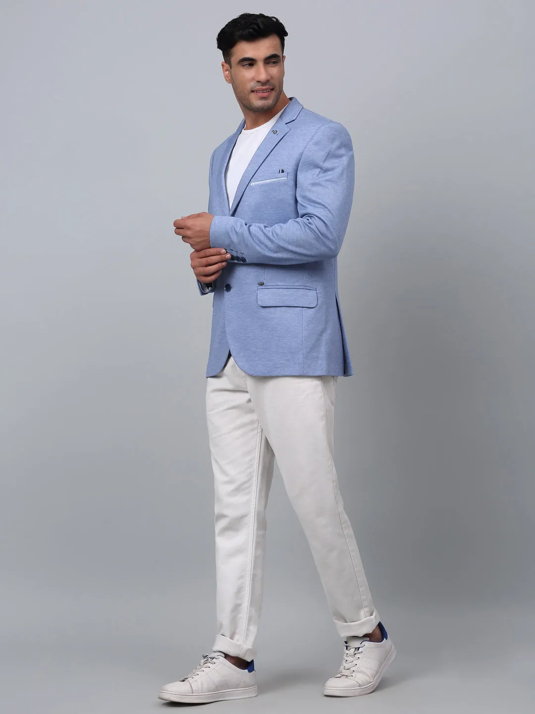 Cantabil Blue Solid Plain Full Sleeves Casual Blazer For Men