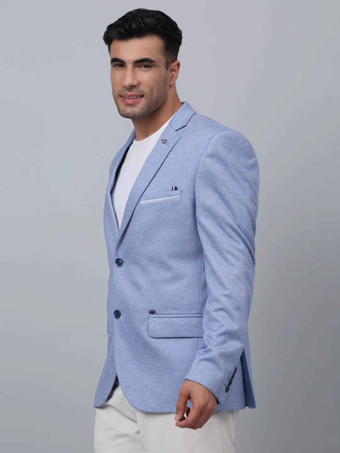 Cantabil Blue Solid Plain Full Sleeves Casual Blazer For Men