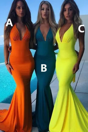 Chic Deep V-Neck Halter Mermaid Backless Long Bridesmaid Dress