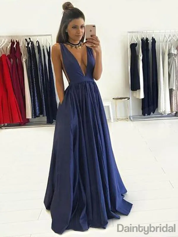 Deep V-neck A-line Floor Length Satin Mermaid Long Prom Dresses Evening Dresses.DB10238