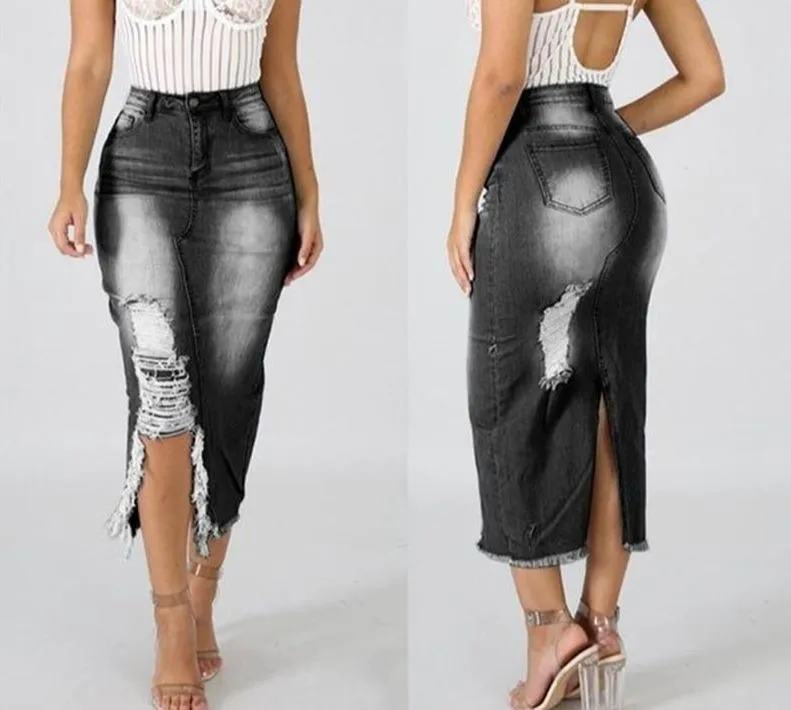 Denim High Waist Ripped Hole Maxi Skirt