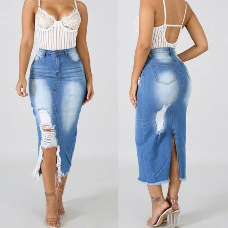 Denim High Waist Ripped Hole Maxi Skirt