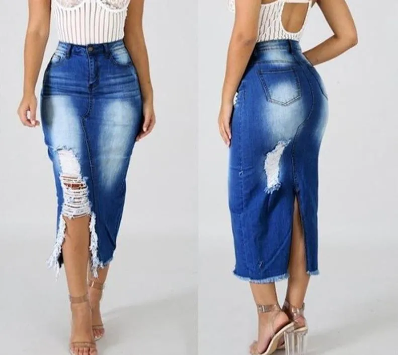 Denim High Waist Ripped Hole Maxi Skirt