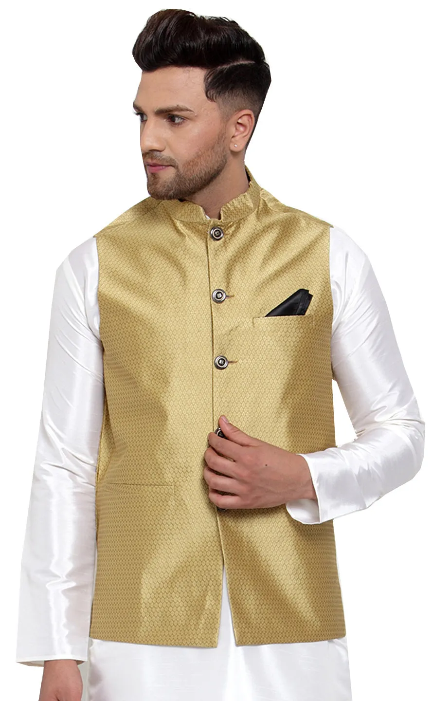 Elegant Gold Poly Silk Nehru Jacket for Men - Stylish Nayroo Jacket