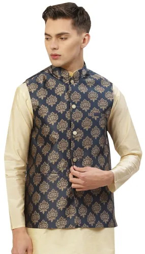 Elegant Navy Blue Brocade Nehru Jacket for Men - Indian Style Waistcoat