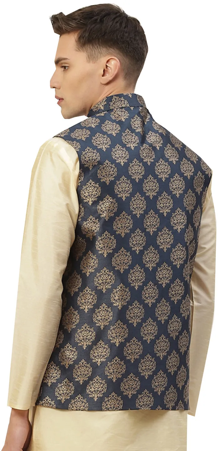 Elegant Navy Blue Brocade Nehru Jacket for Men - Indian Style Waistcoat