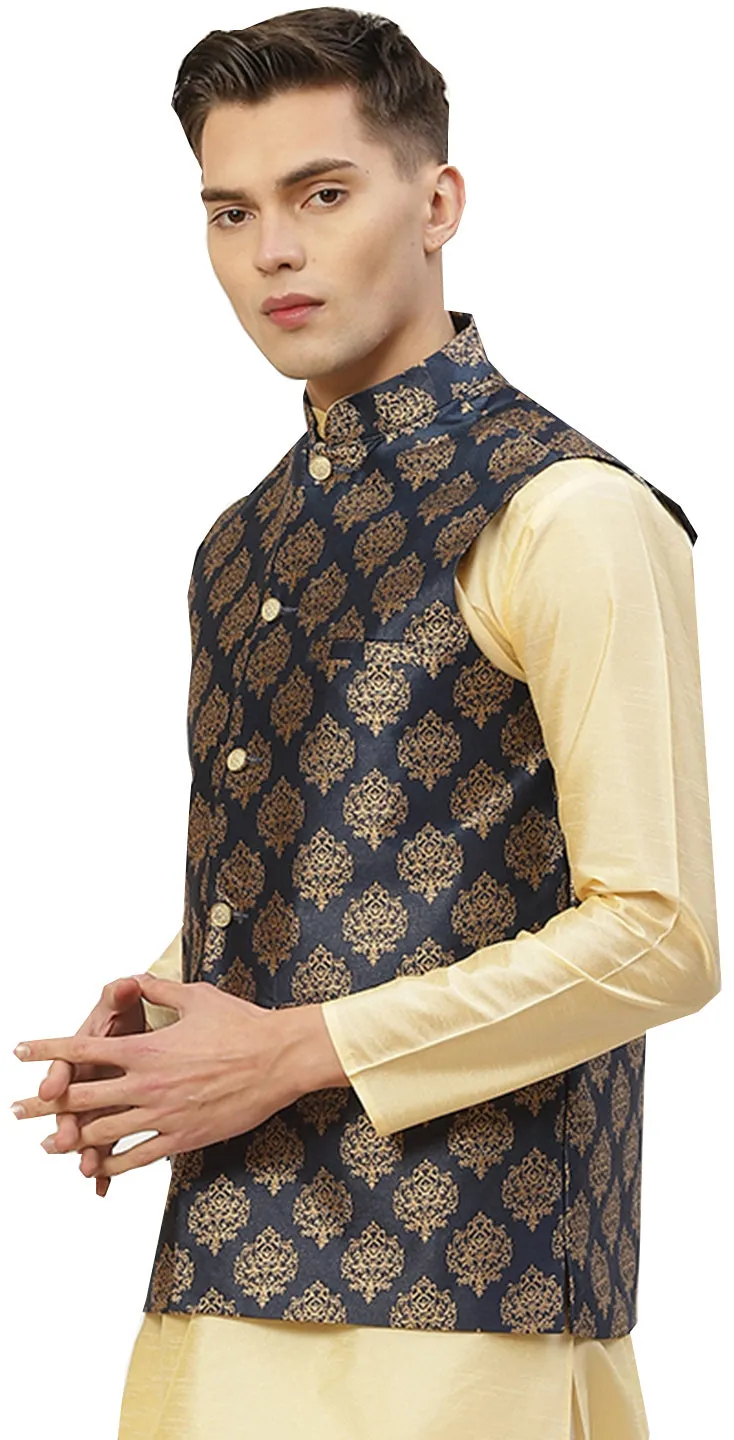 Elegant Navy Blue Brocade Nehru Jacket for Men - Indian Style Waistcoat