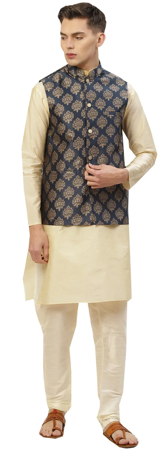 Elegant Navy Blue Brocade Nehru Jacket for Men - Indian Style Waistcoat