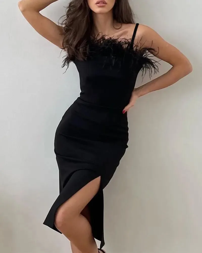 Feather Side Slit Midi Party Dress