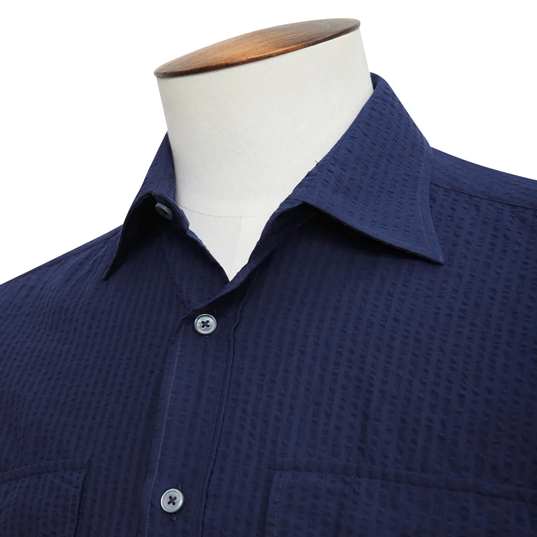 French Blue Cotton Seersucker Overshirt