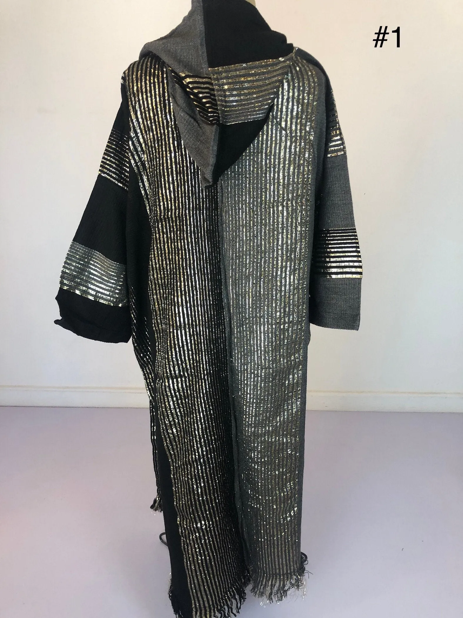 Half black half grey hand loomed Coat with silver threads, long winter women coat with pocket, womens Coat, Long coat, Hooded coat, Coat