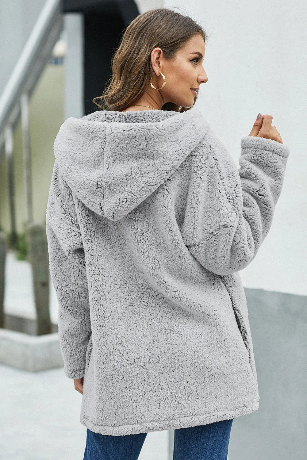 Hooded Teddy Coat in Light Gray