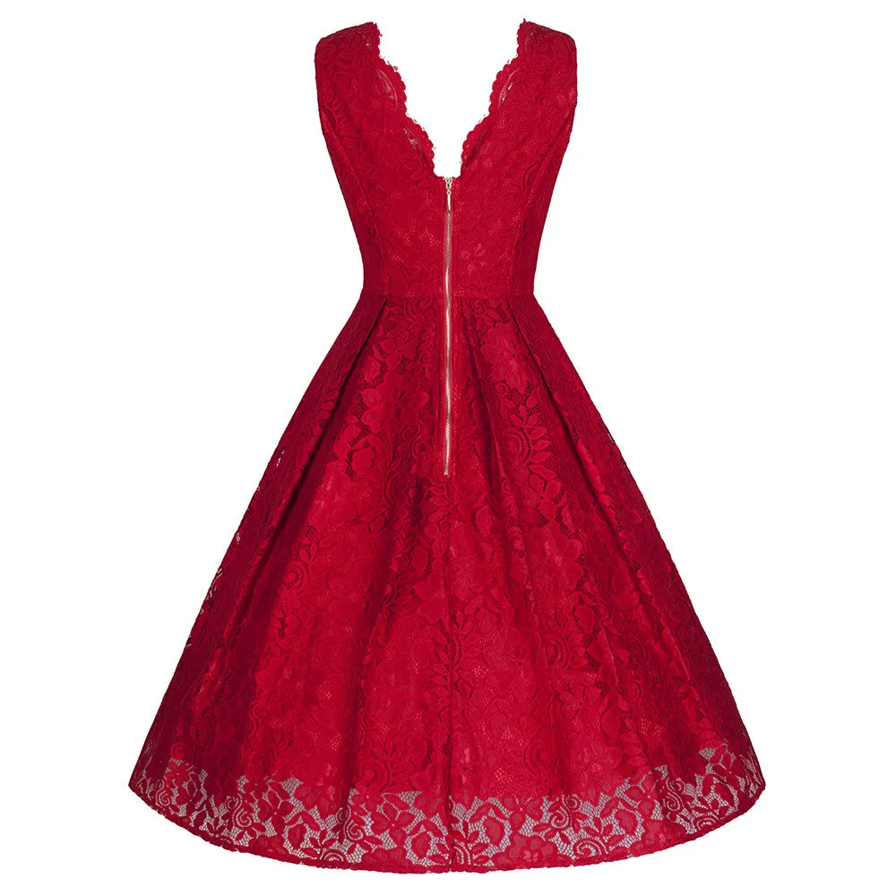 Jolie Moi Vintage Red Embroidered Lace 50s Swing Occasion Dress