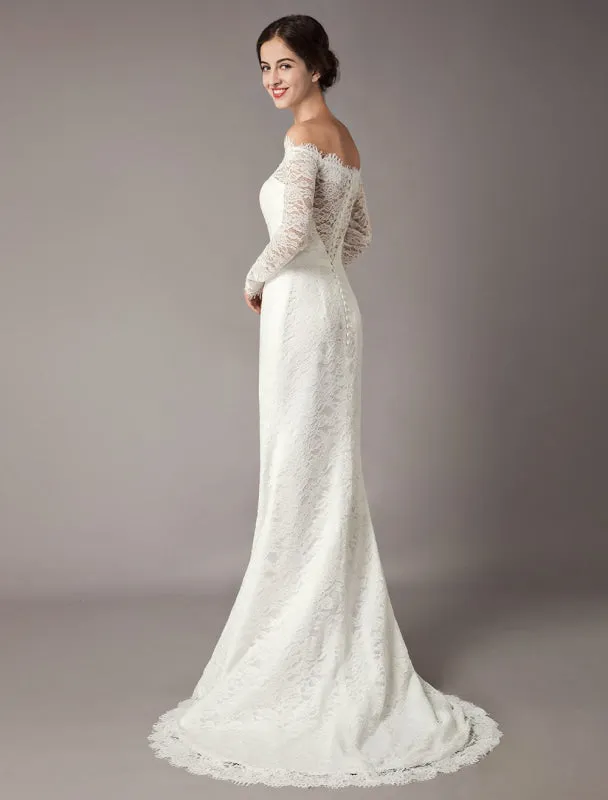 Lace Wedding Dresses Off The Shoulder Long Sleeve Beaded Sash Bridal Gowns With Train