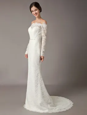 Lace Wedding Dresses Off The Shoulder Long Sleeve Beaded Sash Bridal Gowns With Train