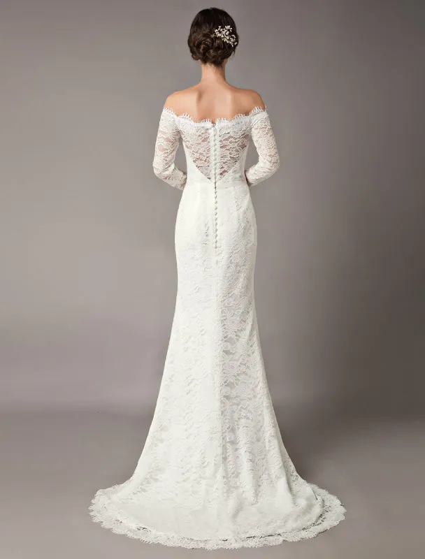 Lace Wedding Dresses Off The Shoulder Long Sleeve Beaded Sash Bridal Gowns With Train