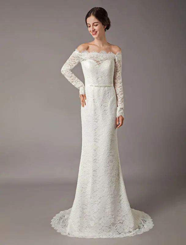 Lace Wedding Dresses Off The Shoulder Long Sleeve Beaded Sash Bridal Gowns With Train