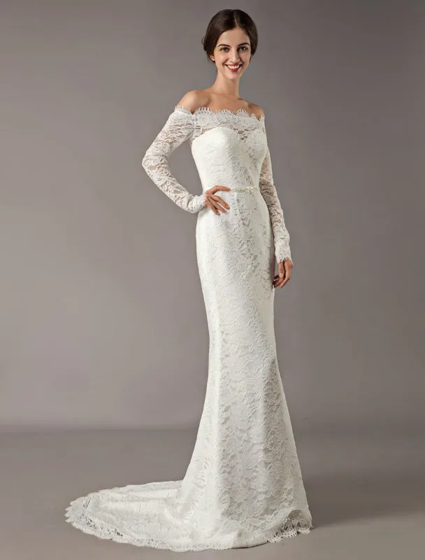 Lace Wedding Dresses Off The Shoulder Long Sleeve Beaded Sash Bridal Gowns With Train