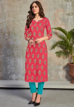 Like Mom Like Daughter - Minakari Pink Pure Rayon With Handwork Daily Wear Kurti