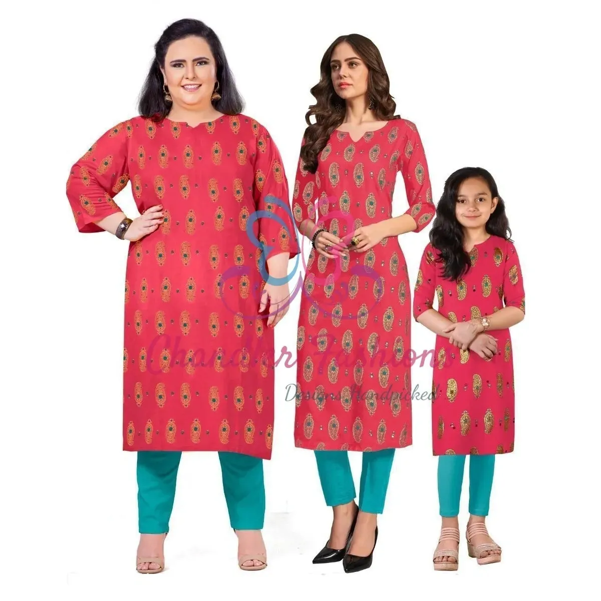 Like Mom Like Daughter - Minakari Pink Pure Rayon With Handwork Daily Wear Kurti