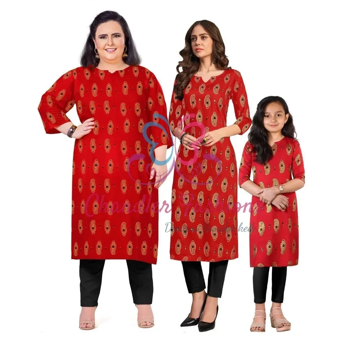 Like Mom Like Daughter - Minakari Red Pure Rayon With Handwork Daily Wear Kurti