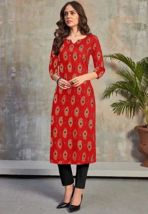 Like Mom Like Daughter - Minakari Red Pure Rayon With Handwork Daily Wear Kurti