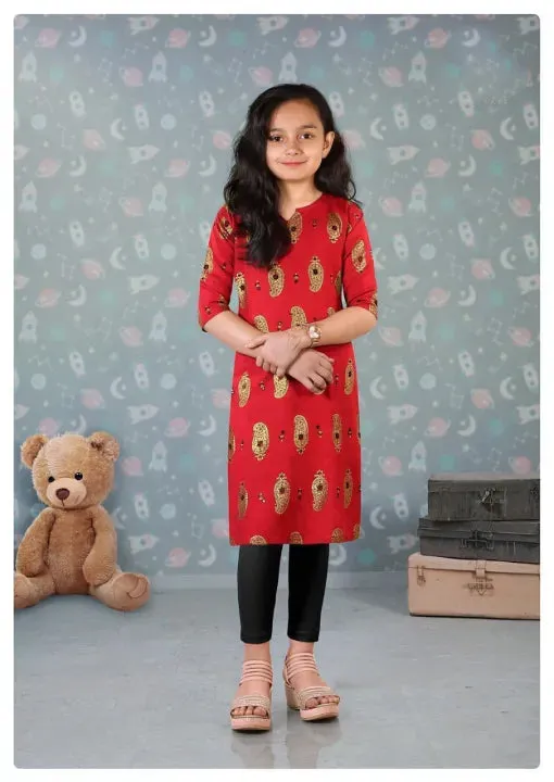 Like Mom Like Daughter - Minakari Red Pure Rayon With Handwork Daily Wear Kurti