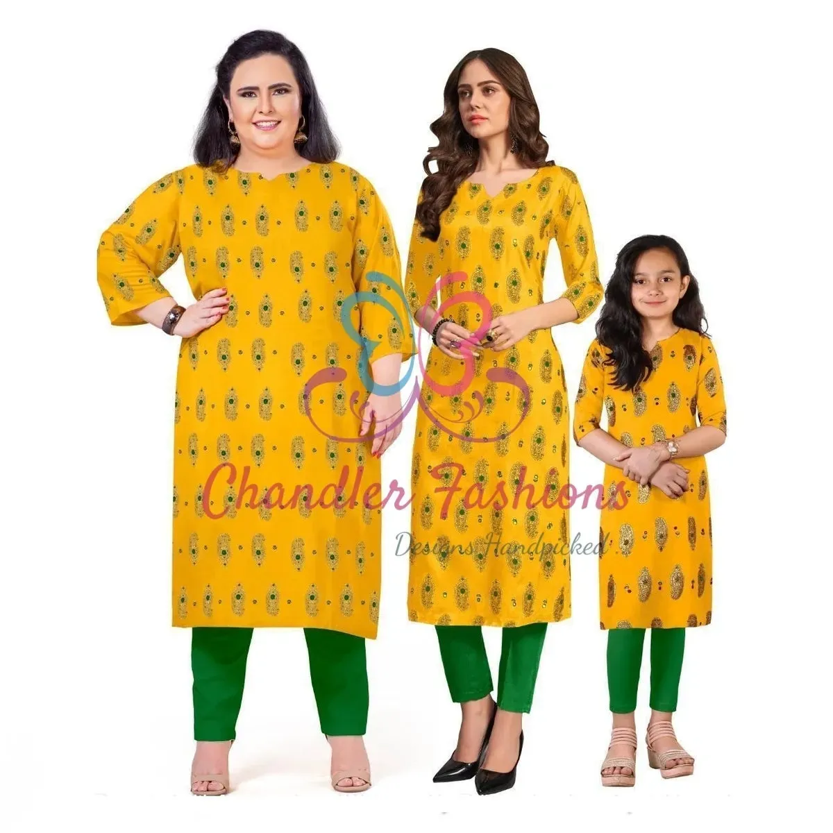 Like Mom Like Daughter - Minakari Yellow Pure Rayon With Handwork Daily Wear Kurti