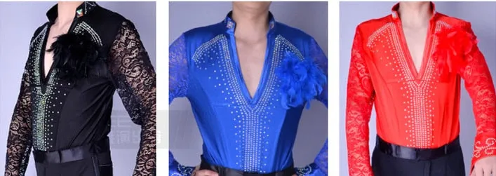 #M006 Mens Ballroom Latin Shirts Long Sleeve Lace V Collar - Samba -Cha Cha - Performance