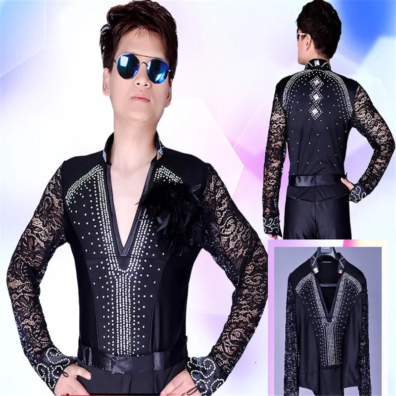 #M006 Mens Ballroom Latin Shirts Long Sleeve Lace V Collar - Samba -Cha Cha - Performance