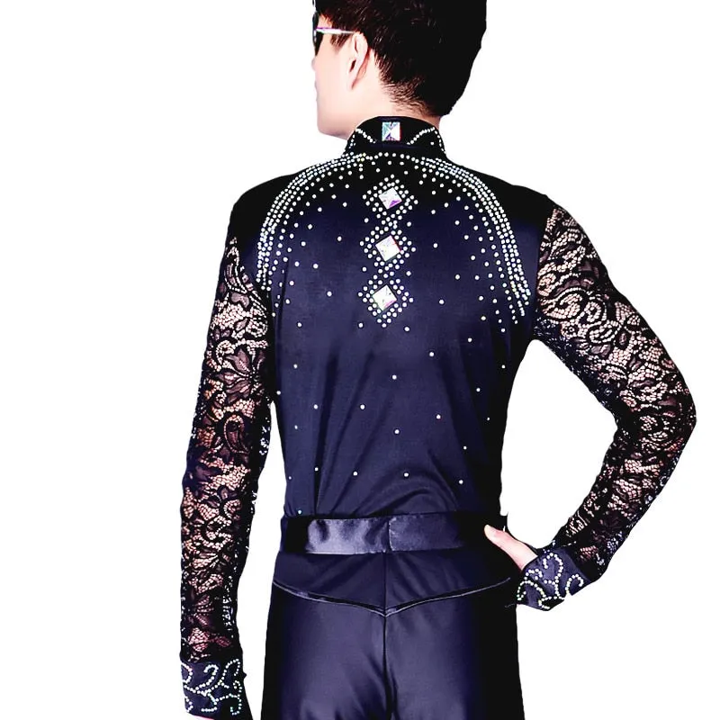 #M006 Mens Ballroom Latin Shirts Long Sleeve Lace V Collar - Samba -Cha Cha - Performance