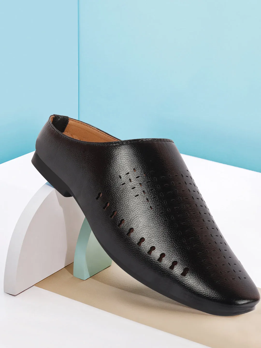 Men Black Back Open Slip On Ethnic Mules Wedding Shoes