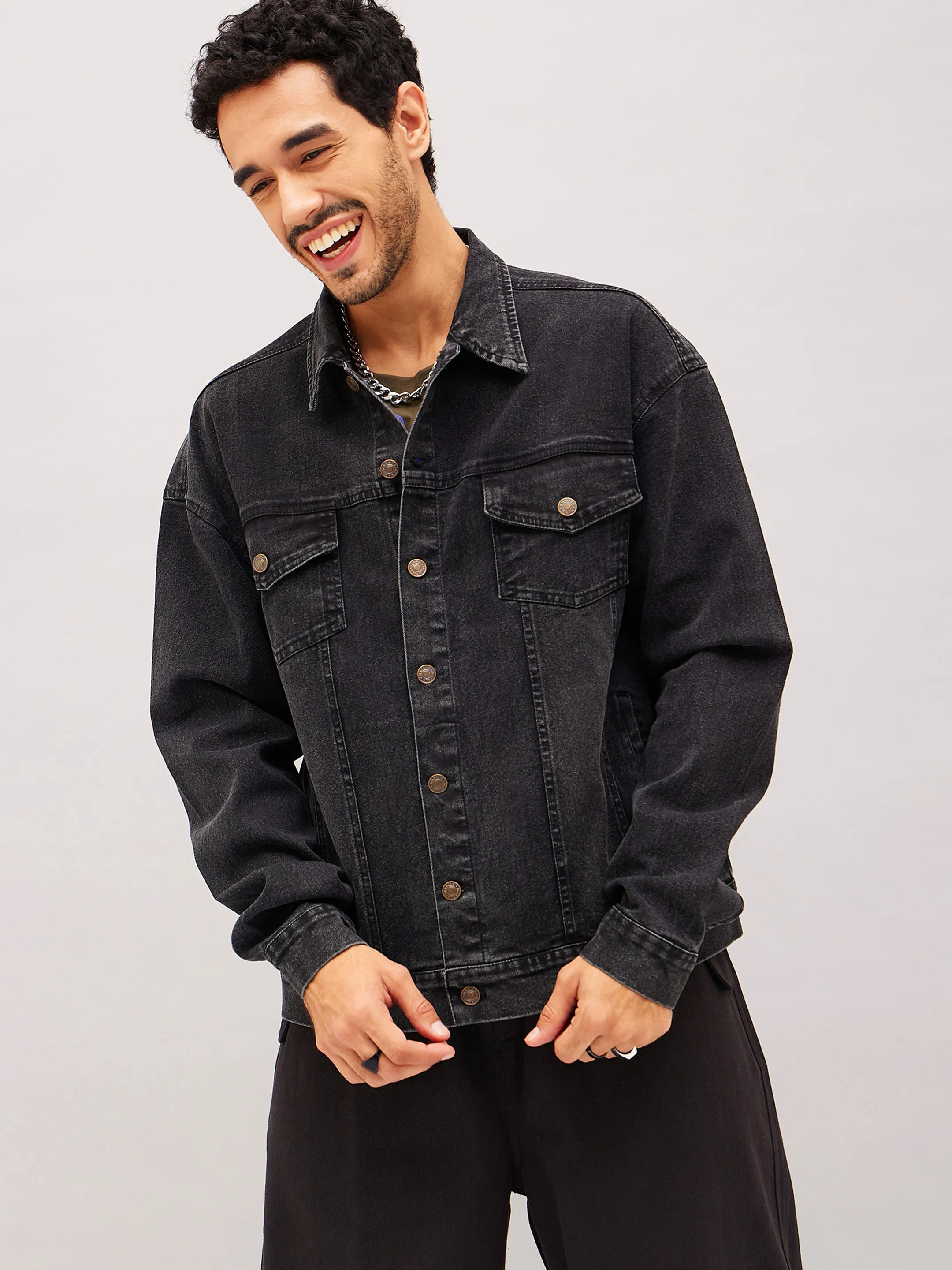 Men Black Washed Relax Fit Denim Jacket