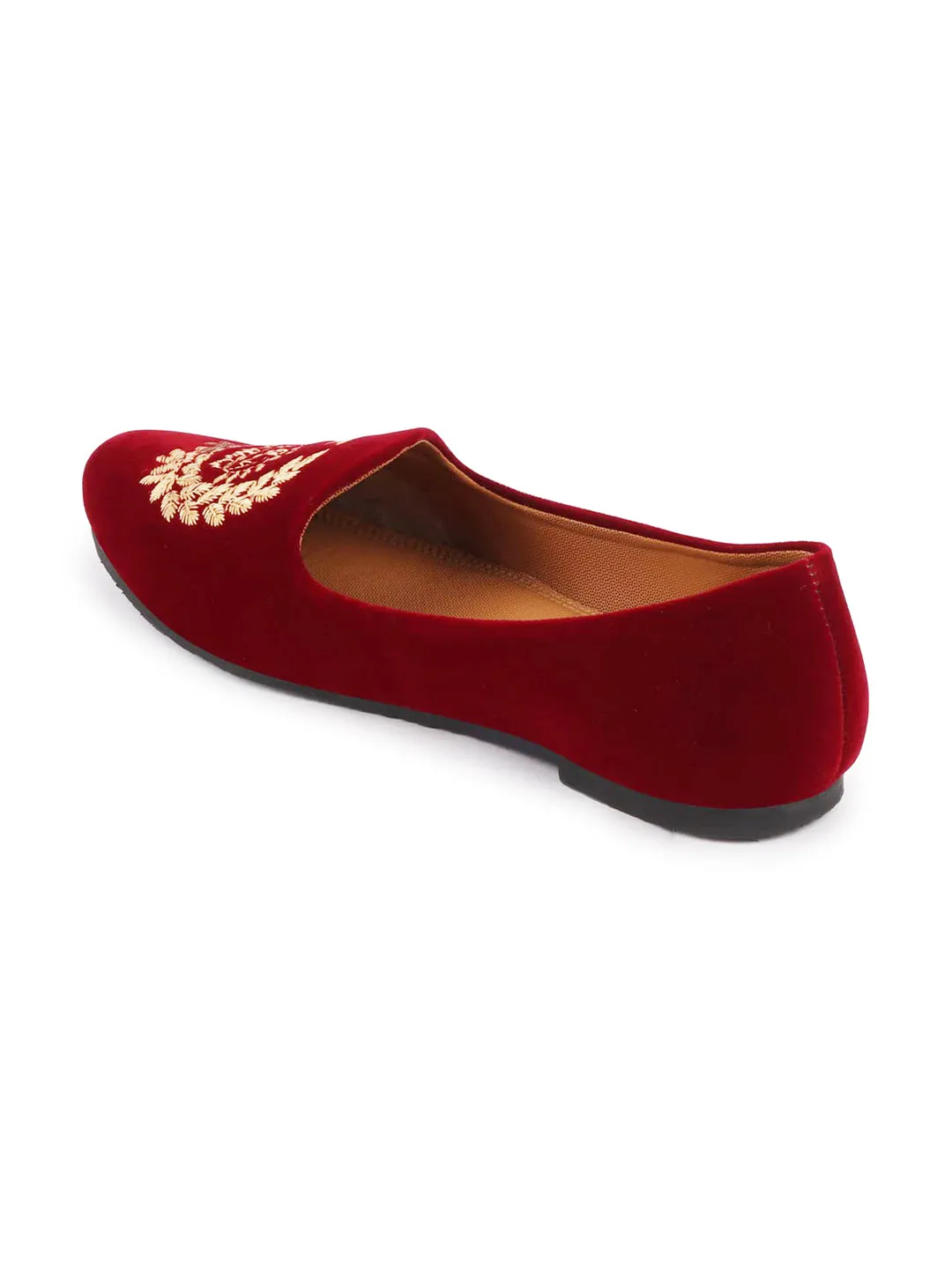 Men Red Velvet Leaf Print Embroidery Slip On Party Loafers