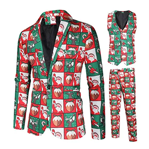 Men Suits Christmas Print 3 Piece Suit Casual Print Party Suit Fashion Jacket Vest Pants Holiday Clothes Color 5 Large