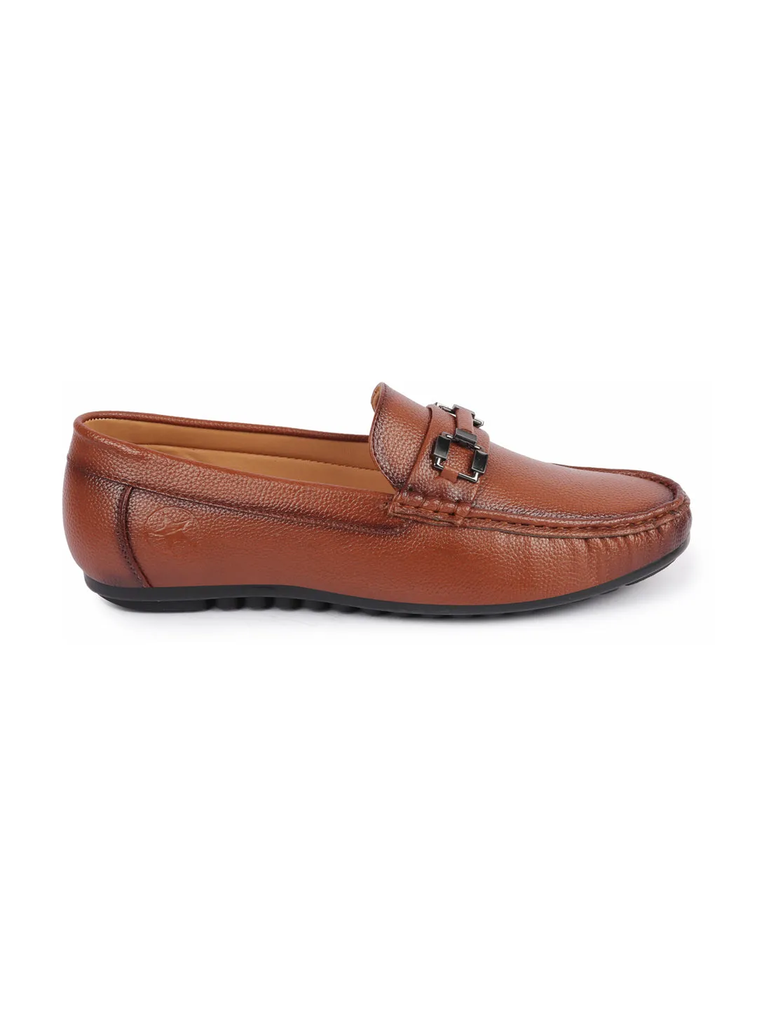 Men Tan Textured Design Horsebit Buckle Casual Classic Slip On Moccasins and Loafers