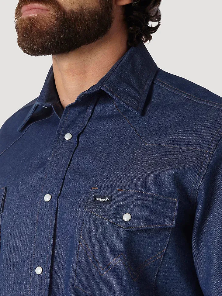 Men's Wrangler COWBOY CUT WORK WESTERN RIGID DENIM LONG SLEEVE SHIRT IN RIGID INDIGO