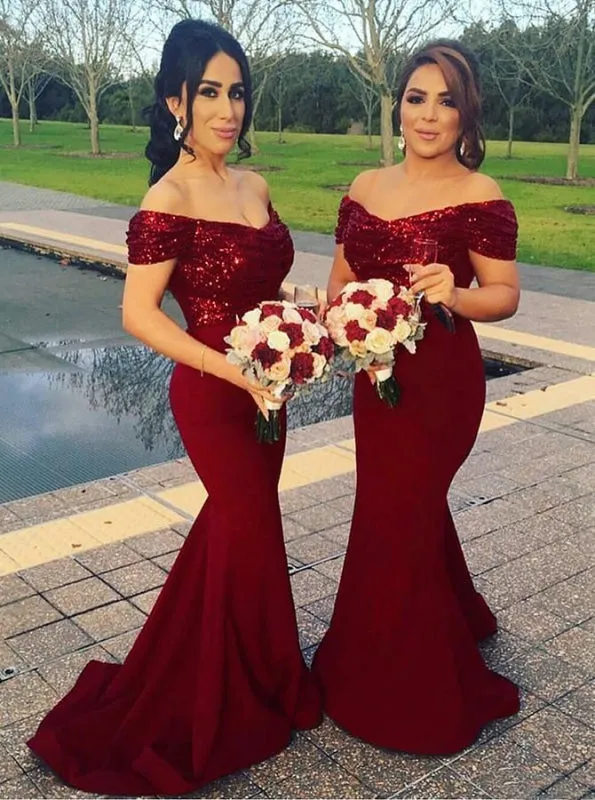 Mermaid Off Shoulder Sweep Train Dark Red Bridesmaid Dress