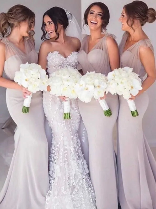 Mermaid V-Neck Sweep Train Light Grey Bridesmaid Dress