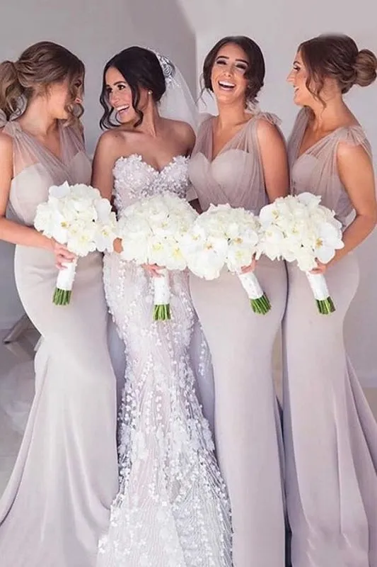 Mermaid V-Neck Sweep Train Light Grey Bridesmaid Dress