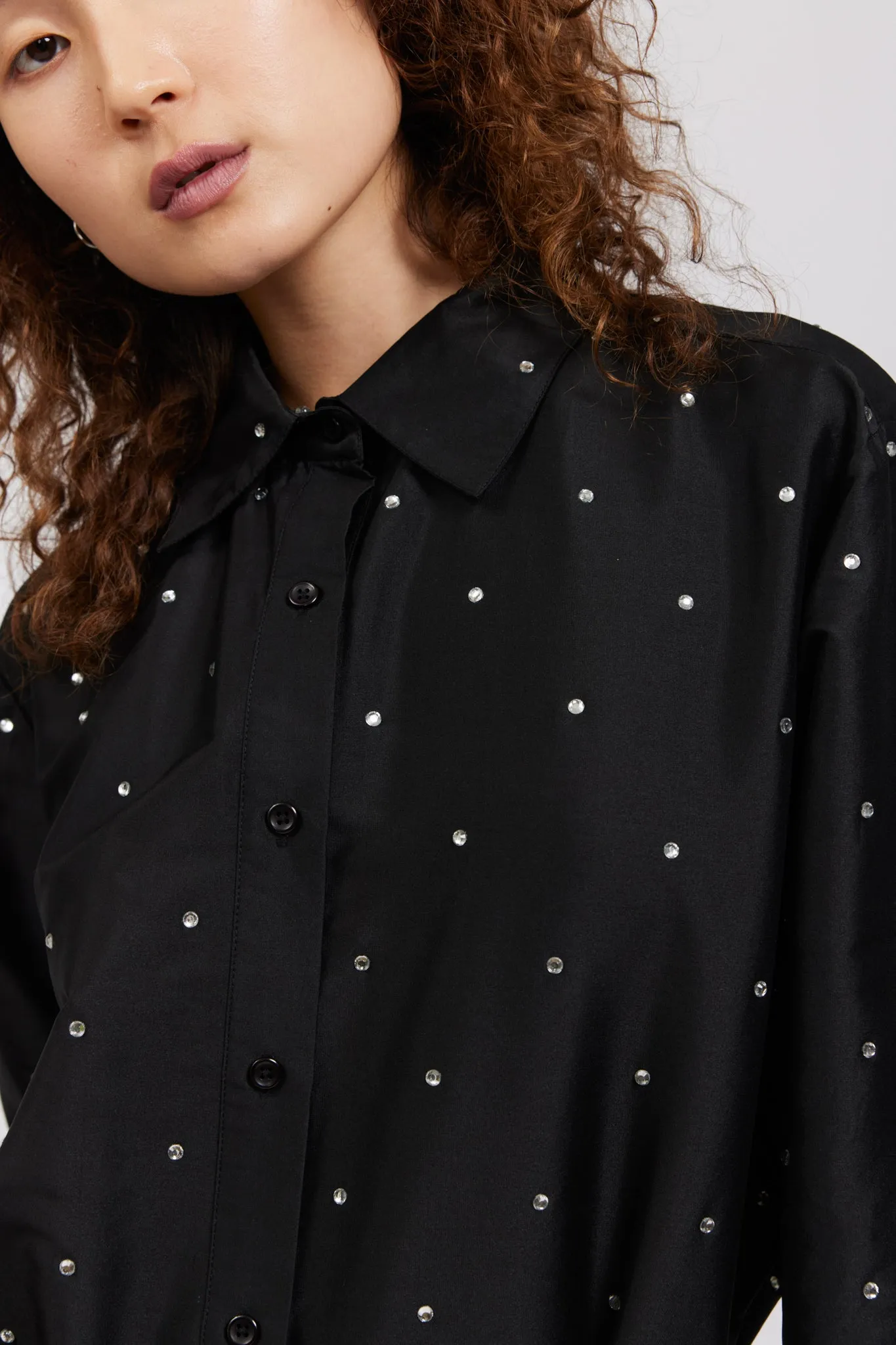 Oversized Button Up in Black Rhinestone