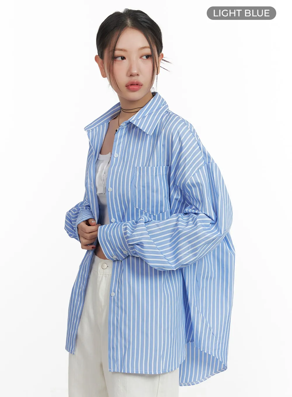 Oversized Stripe Buttoned Collar Blouse OA416