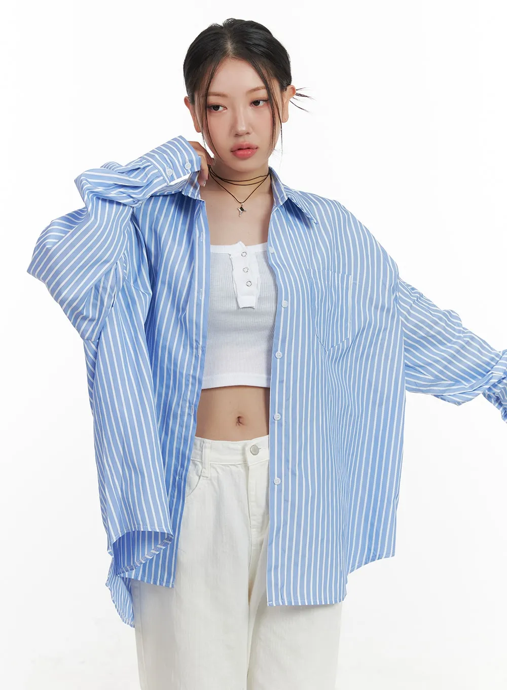 Oversized Stripe Buttoned Collar Blouse OA416