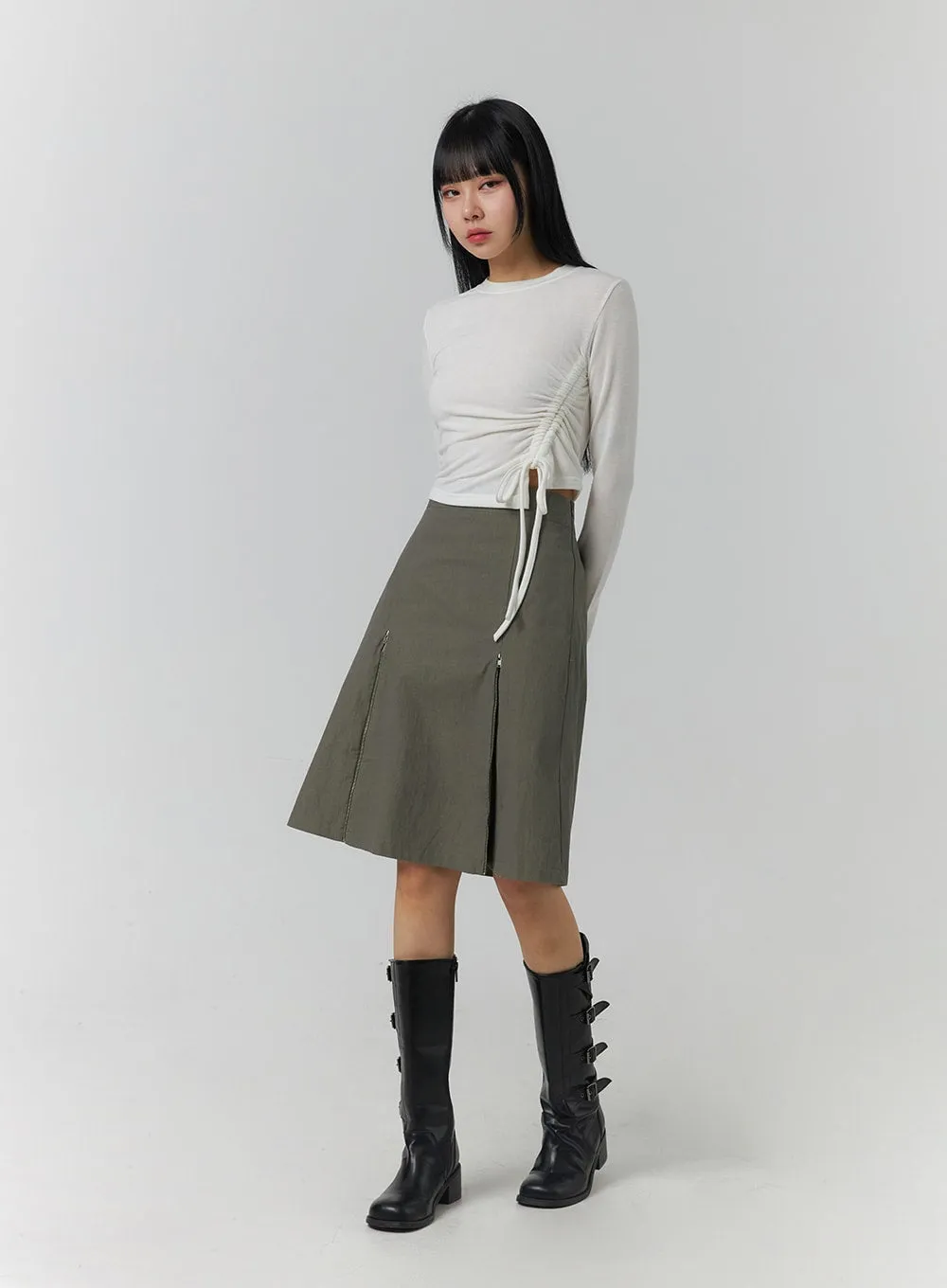 Pleated Zip Up Mid Skirt CJ419