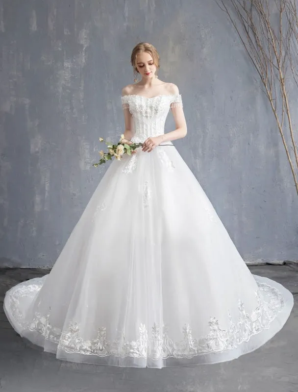 Princess Wedding Dresses Ball Gown Lace Beaded Chains Off The Shoulder Bridal Dress