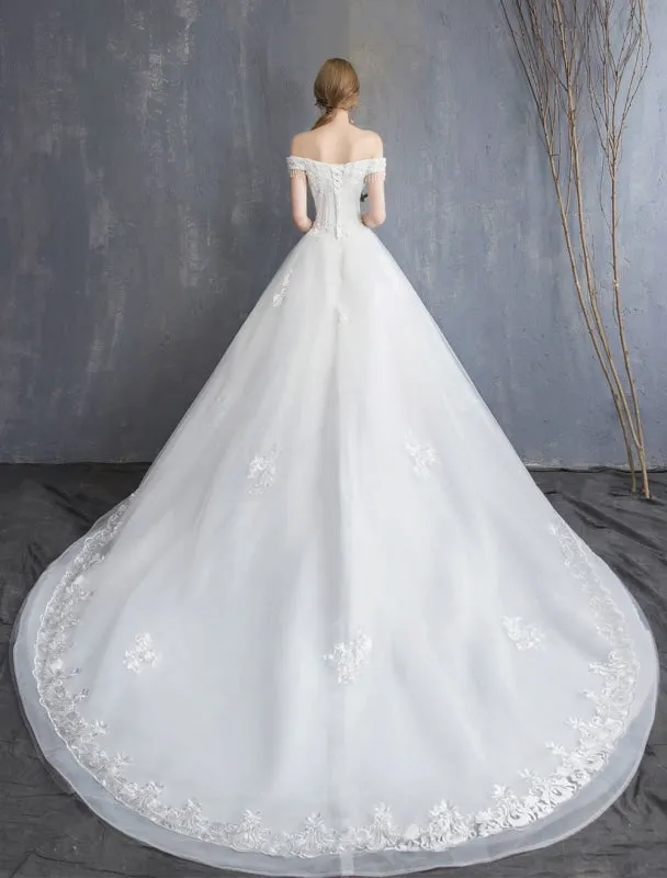 Princess Wedding Dresses Ball Gown Lace Beaded Chains Off The Shoulder Bridal Dress