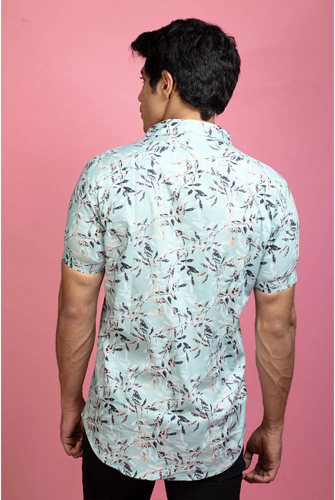 Printed Half Sleeve Shirt - Men Casual Mint Blue Printed Shirt