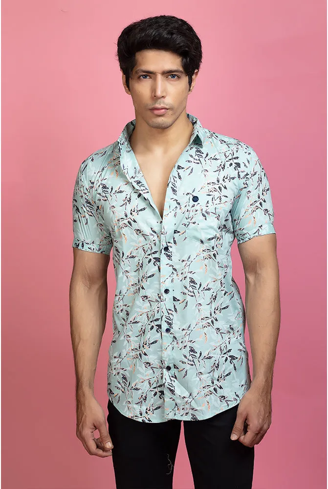 Printed Half Sleeve Shirt - Men Casual Mint Blue Printed Shirt