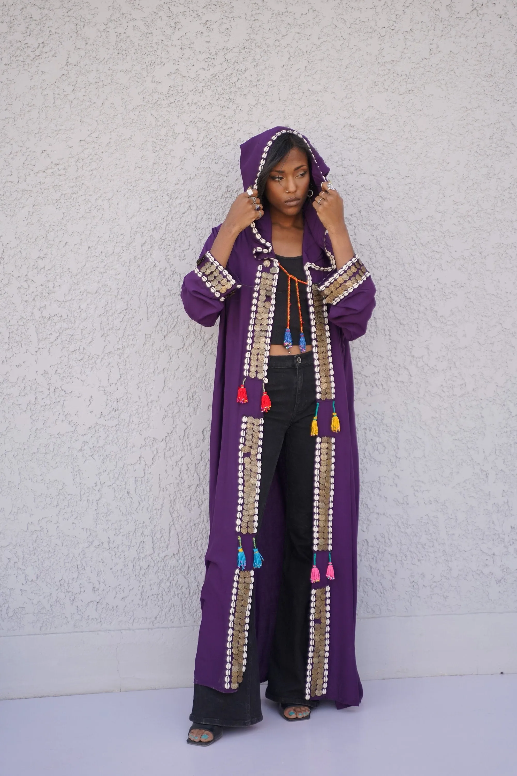 Purple accessorized cotton Kimono/coat, Cotton coat with hand stitched beads, coins, Boho summer coat, cardigans for women, Summer Kimono