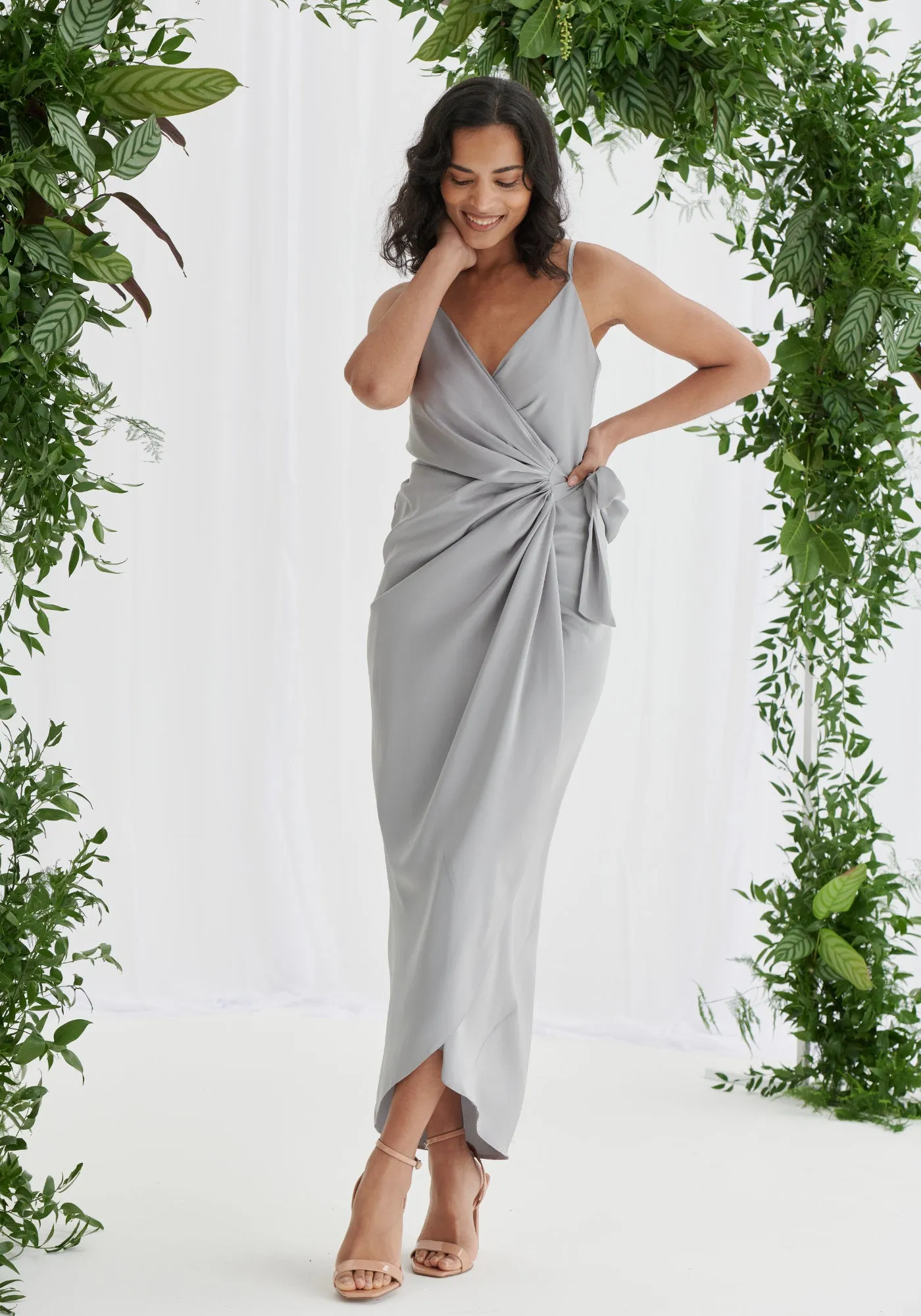 Rosa Tie Side Satin Cami Wrap Dress - Silver